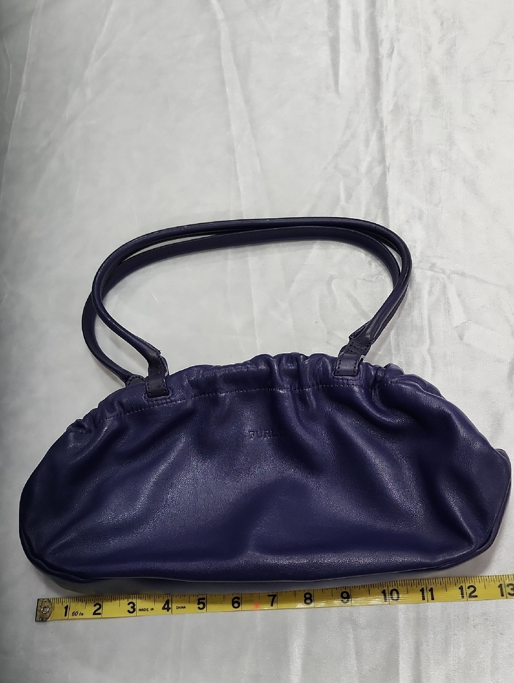 Furla Purple Leather Ruched Gathered Top Bag. Hinged Closure
